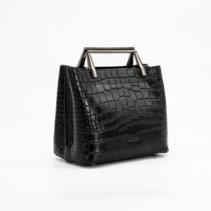 MORA Onyx Black Croc-Embossed Full Grain Genuine Leather Top-Handle & Shoulder Bag- The Croc Luxe Collection