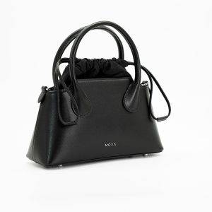 Full Grain Genuine Leather Cinched Top-Handle/Shoulder Bag in Bold Black - MORA Belle Cinch Collection